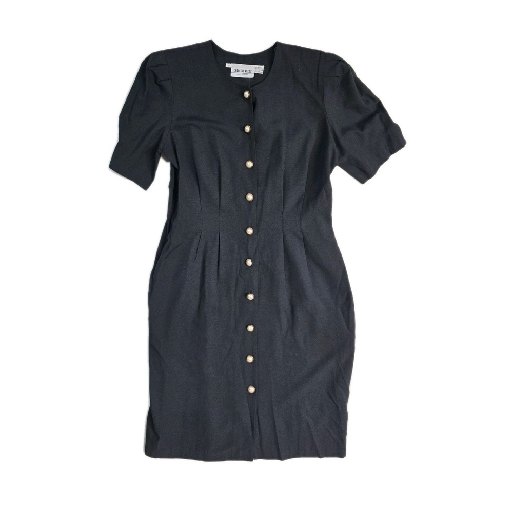 Vintage Carolina Wells Women's Midi Dress 12 Black‎ Button Up